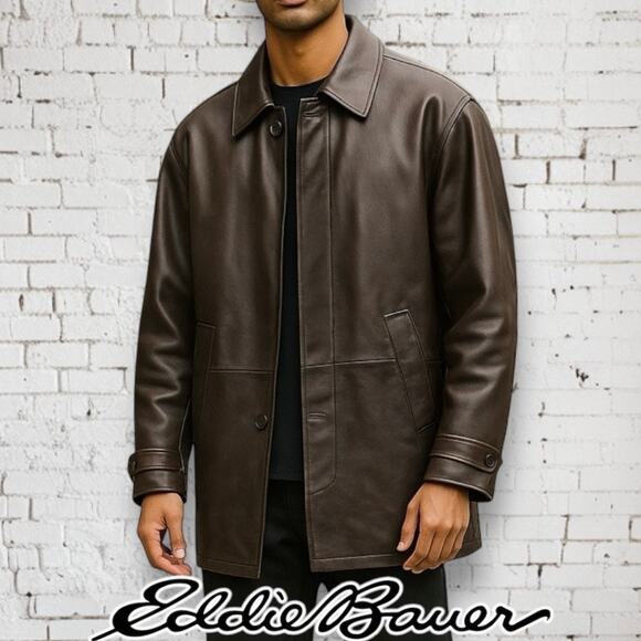 Eddie Bauer Full Length Heavy Genuine Leather Jacket Men M Brown Lined Car Coat - Picture 1 of 10